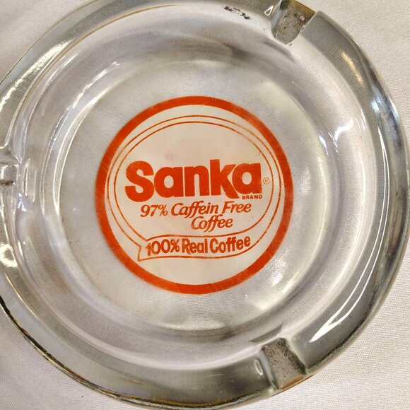 Vintage Sanka Ashtrays Glass 4 Inch Round Lot of 2 Different Advertising Labels - Picture 3 of 16